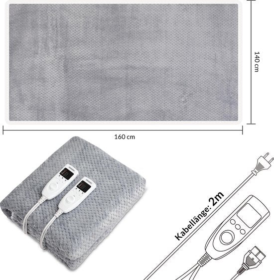 Monzana Warmtedeken - Elektrisch Fleece 160x140cm 2x60W - Grijs