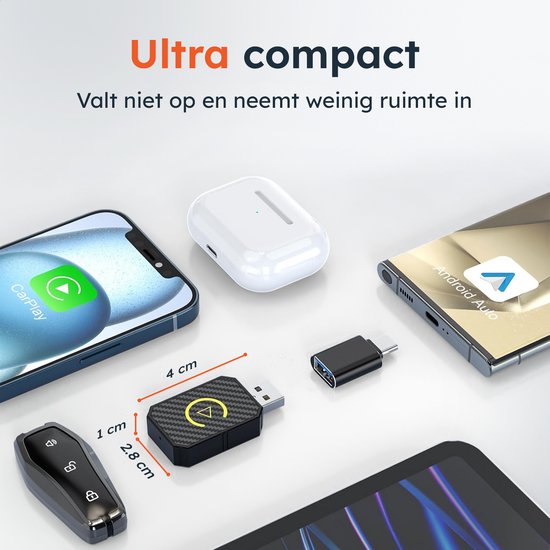 Draadloze CarPlay & android dongle - PRO mini - Apple - Android - Auto - Bluetooth - Draadloos - Wireless - Receiver - AirPlay - Compact - incl USB-C - Skoov
