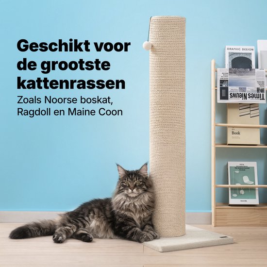 Jake and Jacky Krabpaal voor Grote Katten - Naturel/Crème - Met Speelballetje - 56x56x120 cm - Ø Sisal Krabpaal 20 cm