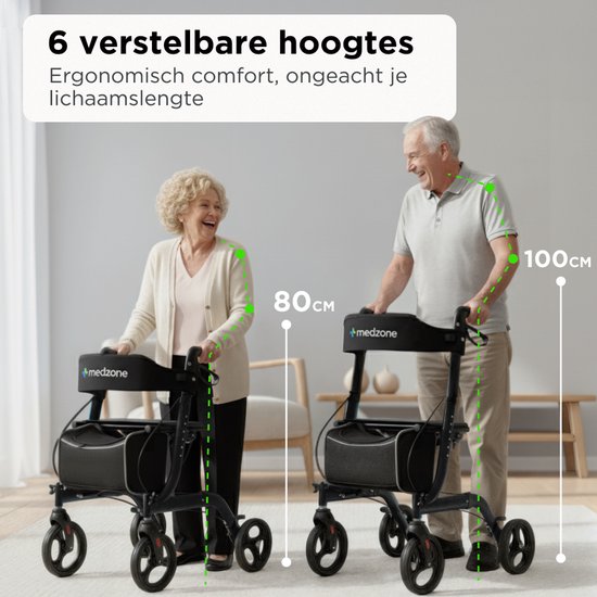 Medzone Rollator Lichtgewicht en Opvouwbaar - Binnen en Buiten - Zitfunctie - Rugleuning en Wandelstok Houder - Zwart