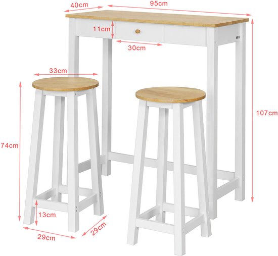 SoBuy FWT50-WN Bartafel met 2 Krukken - Wit Houten Keukentafelset