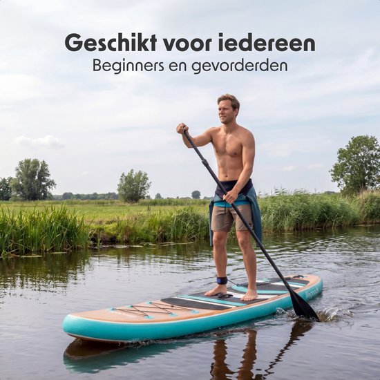 LifeGoods PaddlePro SUP Board - Opblaasbaar Paddle Board - Complete Set - Max. 150KG - 320x81cm - Hout/Mintgroen