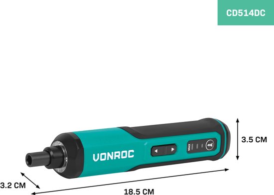 VONROC Elektrische Schroevendraaier 4V - Incl. 15-delige bitset en USB-C kabel