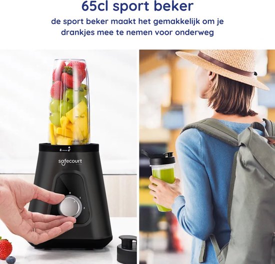 Safecourt Kitchen Blender - Krachtige 1200 Watt Blender met To-Go Beker - 3 Standen - Zwart