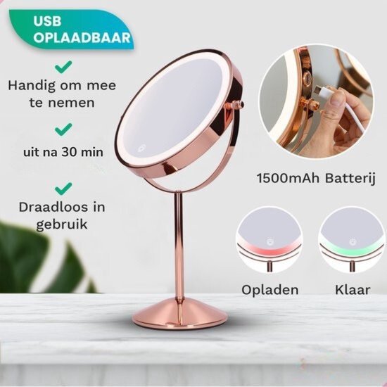 Mirlux Make Up Spiegel met LED Verlichting - 10x Vergroting Licht – Scheerspiegel Klein Op Voet - 3 Lichtstanden - Oplaadbaar - Vergrootspiegel Rosé Goud