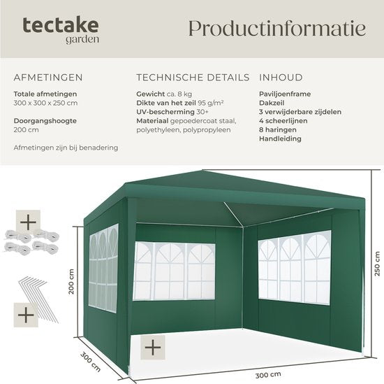 Tectake Partytent - Paviljoen - Opvouwbaar - Zijwanden - Waterdicht - 300 x 300 cm – Groen
