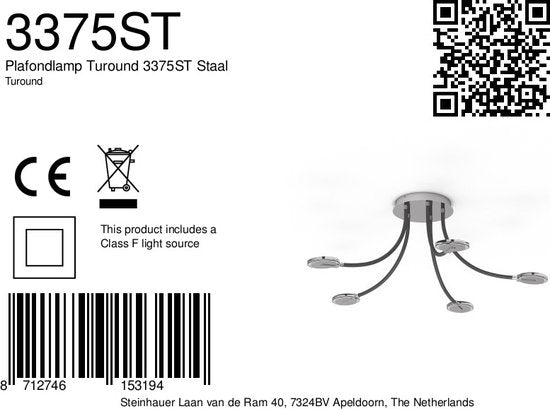 Plafondlamp Turound 3375ST – stalen designlamp met glas, LED, dimbaar, 91,5 cm, Steinhauer