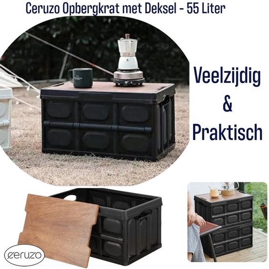 Ceruzo Opbergkrat met afneembaar houten Deksel - Vouwkrat - Kofferbak Organizer - Camping-55 l, Zwart