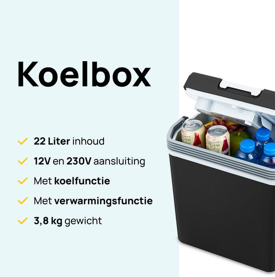 MOA Koelbox Elektrisch 12v 230 volt - 22L - Frigobox - Camping Koelkast - Auto en Camping - Koelen en Verwarmen - Zwart
