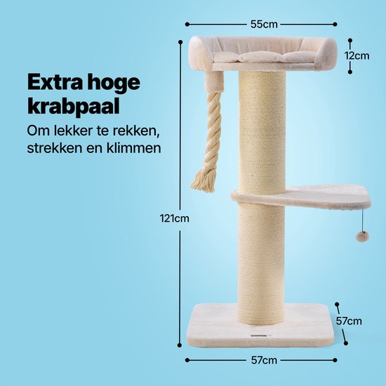Jake en Jacky Krabpaal voor Grote Katten met Mand - Met Speeltouw - Met Opstap - Naturel/Crème - 57x57x121 cm - Ø Krabpaal 20 cm