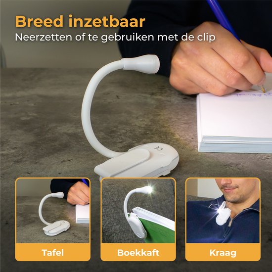 Nuvance - Leeslampje - Leeslamp met Klem - Dimbaar - 3 Standen - Leeslampje voor Boek - Oplaadbaar USB C - 24 Uur Leesplezier - Klemlamp - voor Kind & Volwassenen - Klemlampje - Wit