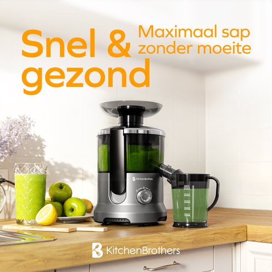 KitchenBrothers Sapcentrifuge - Voor Groenten en Fruit - Juicer - Met Pulpcontainer - 500ml - 600W - Zilver/Grijs