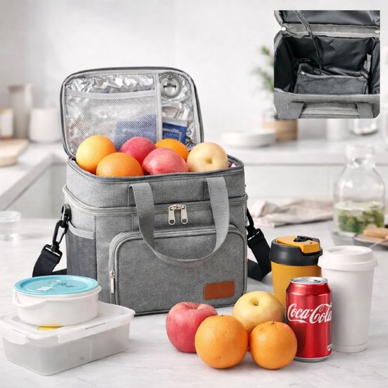 Ceruzo Koeltas 14L – Geïsoleerde Lunchtas – Dubbel Compartiment – Grijs-23 x 20 x 30 cm