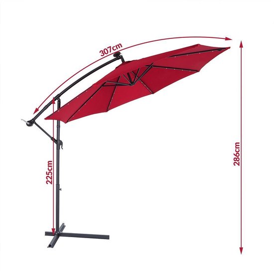 Kingsleeve Zweefparasol - Parasolvoet LED-verlichting 300cm - Rood