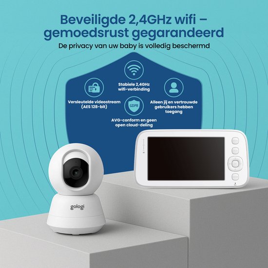Gologi Babyfoon met Camera – Baby Monitor – Baby Camera - Op afstand bestuurbaar via App en Scherm - Wit
