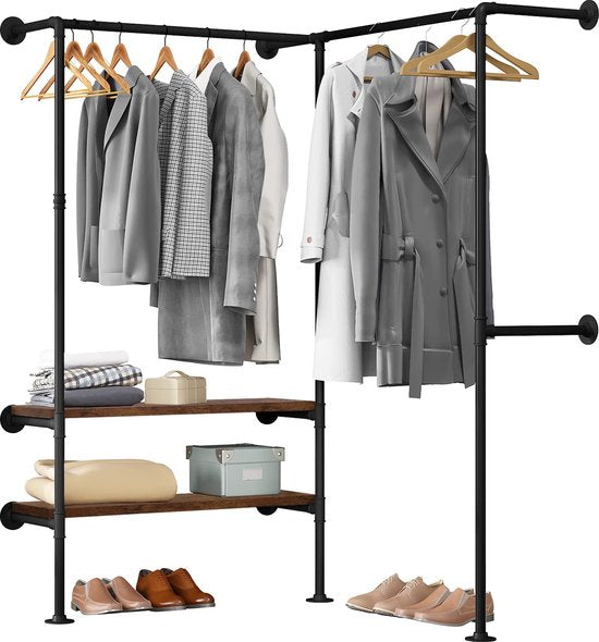Rootz Hoekkast - Kledingkast - Kledingorganisator - Kledingrek - Opbergsysteem - Dressoir - Kledingstandaard - Zwart + Vintage Houtnerf - 130,5x187x130,5cm