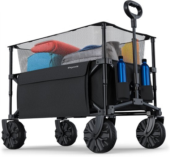 LifeGoods Bolderkar - Opvouwbare Bolderwagen - 100KG - 230L - Verhoogbaar - Met Beschermhoes - Zwart
