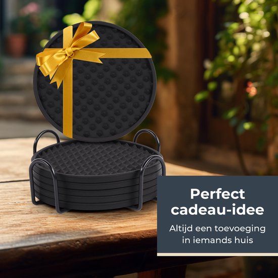 Castagnola Siliconen Onderzetters – Onderzetters voor Glazen – Design Onderzetters met Houder – Onderzettersset – Anti Slip - Set van 6 – Zwart