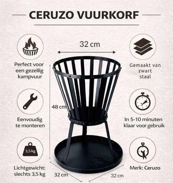 Ceruzo Vuurkorf – 48 cm Hoog – Staal – Ø32 cm- Zwart - Onderplaat
