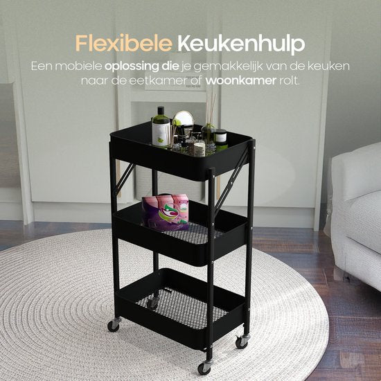 O'DADDY® Keukentrolley Inklapbaar - 3 Lagen - Serveerwagen Op Wieltjes - Keuken Trolley - Roltafel - Opbergtrolley - Opbergkar - Keukenrek - Zwart