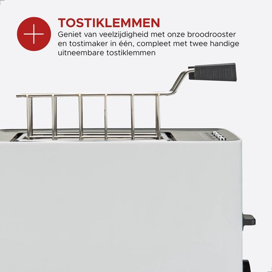 Bourgini Tosti Toaster met Bagelfunctie - Broodrooster met Tostiklemmen - Wit- Matte Finish - Extra brede sleuf geschikt voor 2 tosti's
