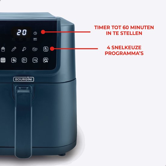 Bourgini Slimfit Airfryer XL Blauw - Heteluchtfriteuse - 5 liter - 1500W - PFAS vrij