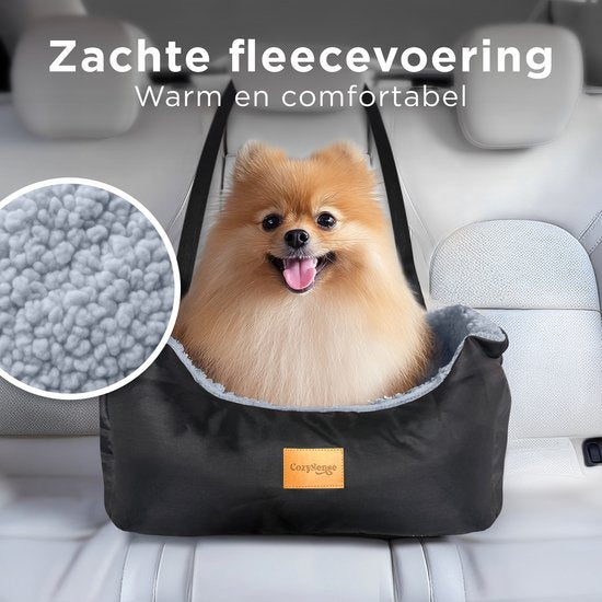 CozySense® Honden Autostoel - Hondenmand Auto met Veiligheidsriem & Opbergvak - Voor Kleine Hond - Voorbank of Achterbank - Zwart/Grijs