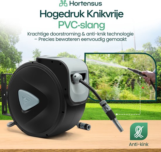 Hortensus Tuinslang Haspel 15m – Wandslangbox Automatisch – Tuinslanghaspel met Muurbevestiging – Knikvrije Tuinslang – Compacte Wandslanghouder voor Elke Tuin