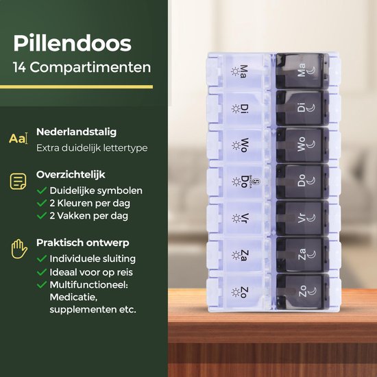 Gandria Pillendoos 7 Dagen - Pillendoosje - Pillesdoosjes met 14 Compartimenten - Medicijndoos met Stevige Sluiting - Grote vakken - Zwart/Wit