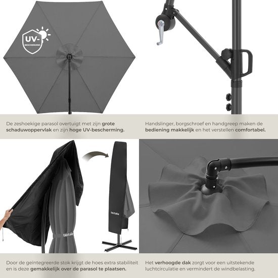 tectake® Zweefparasol met Voet - 3 x 3 m - Tuinparasol - Draaibaar - Waterafstotend Polyester met UV-Bescherming - Inclusief Hoes - Grijs