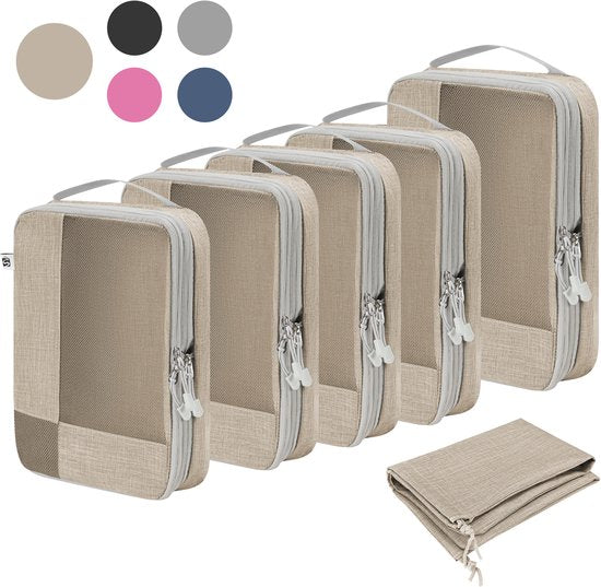 SC Travel Essentials Packing Cubes - 6-delige Set - Luxe Compressie Organizers van Hoogwaardig Nylon - Ruimtebesparend en Duurzaam - Ideaal voor Reizen - Beige