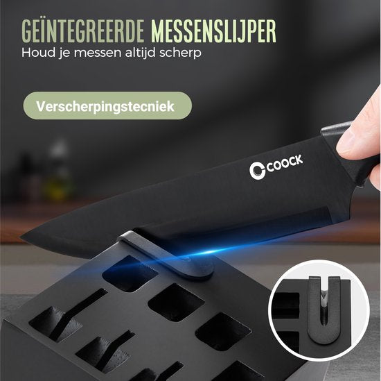 COOCK - Messenset met Blok en Vouwbare Snijplank – Keukenmessen - Schaar - Messenslijper – 15-Delige Keukengerei Set in Messenblok - RVS – Met ‘Non Stick’ Coating - Zwart
