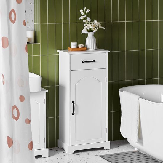 SoBuy Badkamermeubel, kleine opbergkast met lade, badkamerzuil van hout, toiletkast, vochtbestendig, wit, 42 x 30 x 93 cm, BZR207-W