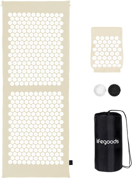 LifeGoods Acupressuur Mat XL - met Kussen - Shakti mat - Spijkermat Incl. 2x Triggerpoint Bal - 128x48x2cm - Beige/Wit