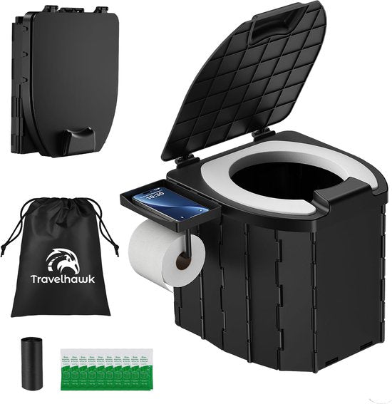 Travelhawk Camping Toilet – Toiletemmer – Draagbaar & Opvouwbaar – Inclusief 12 Biologisch Afbreekbare Zakjes en 10 Absorptie Zakjes – Ideaal voor Kamperen, Festivals & Outdoor