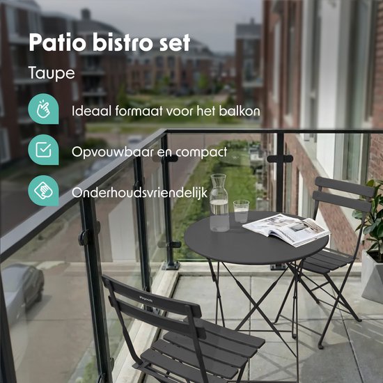 LifeGoods Bistroset - Staal - 3-delig - Tuinset - Inklapbaar - Balkonset met Tafel - Weerbestendig - Donkergrijs