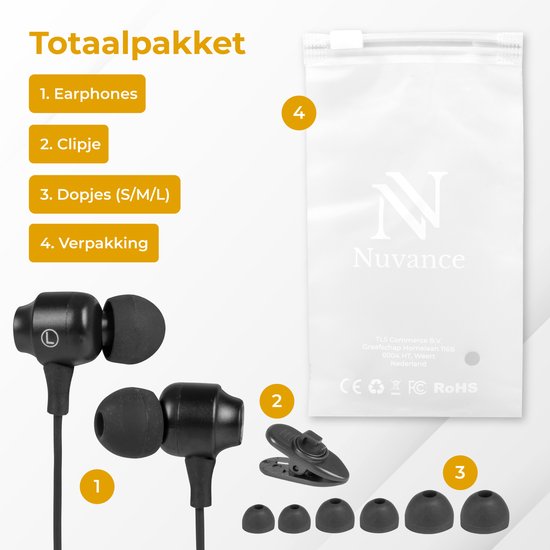 Nuvance - Oordopjes met Snoer - Oordopjes met Snoer en Microfoon - Zwart