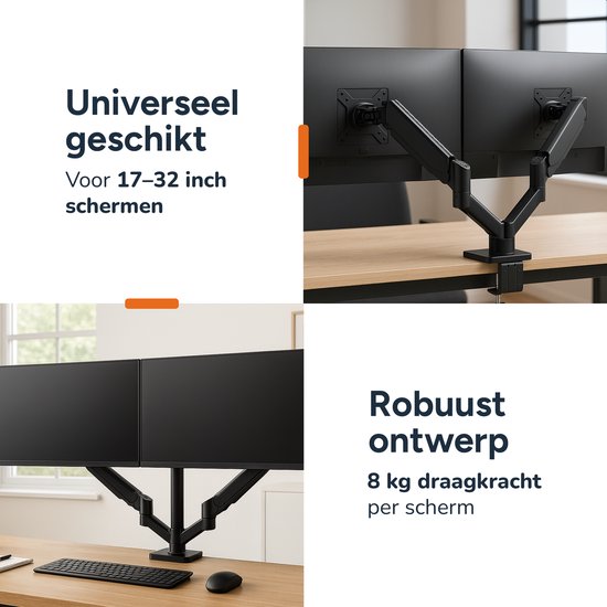 Skoov Monitorarm met gasveer - Voor 13-32 Inch - 2 schermen - Beugel - Monitor - Standaard - Houder - Steun - Extra stabiel - Zwart
