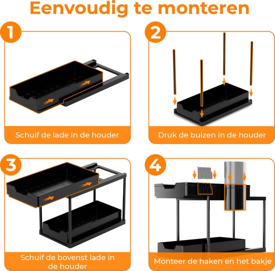 Posity Gootsteenkast Organizer - Keukenkastje Organizer - Schuiflade - Kast Organizer - Badkamer Organizer - Aanrecht Organiser - 2 Uitschuifbare Lades - Zwart