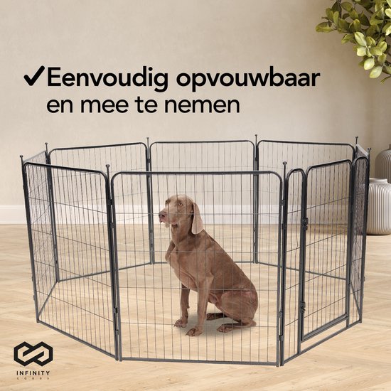 Infinity Goods Hondenren - Puppyren - 8 Panelen - 80 x 80 CM - 640 CM Omtrek - Opvouwbaar - Met Deur - Staal - Zwart