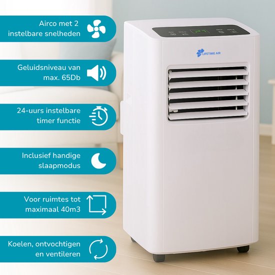 Lifetime Air Mobiele Airco - Airconditioning, Luchtontvochtiger en Ventilator - Luchtkoeler met Afvoerslang - Aircooler 65dB - Air Conditioner tot 40m3 - Afstandsbediening en Timer - 8.000 BTU