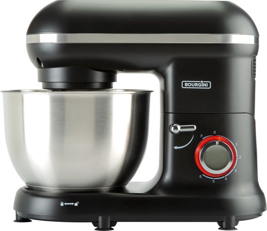 Bourgini Classic Kitchen Chef Keukenmachine & Mixer – 4,5L RVS Mengkom – 1300W – 6 Snelheden + Pulse – 38,5 x 22,3 x 31,8 cm – Zwart