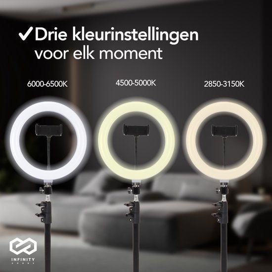 Infinity Goods Ring Light Met Statief - LED - 3 Kleuren - Verstelbaar Statief Tot 186m - Inclusief Stekker - Selfie Ringlight voor Tiktok / Instagram / Youtube / Streaming / Thuis Werken - Zwart