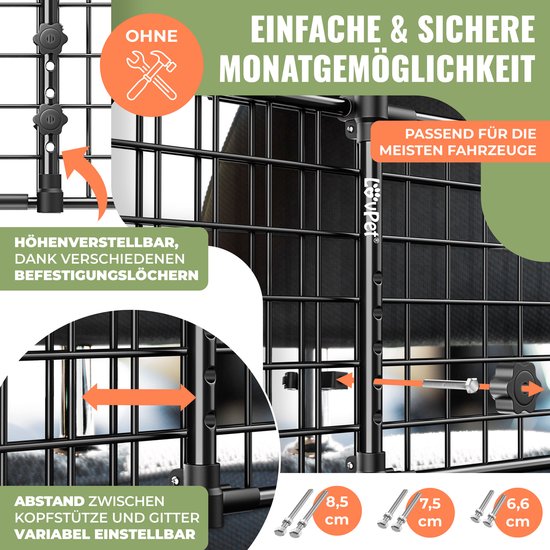LovPet® Hondenrek Auto, Universele Auto Afscheiding, Verstelbare Breedte, Hoofdsteun Bagagerek Kofferbak Bescherming Afmetingen HxB 30 x 91-153 cm , + 2x Veiligheidsriem voor Honden - Zwart