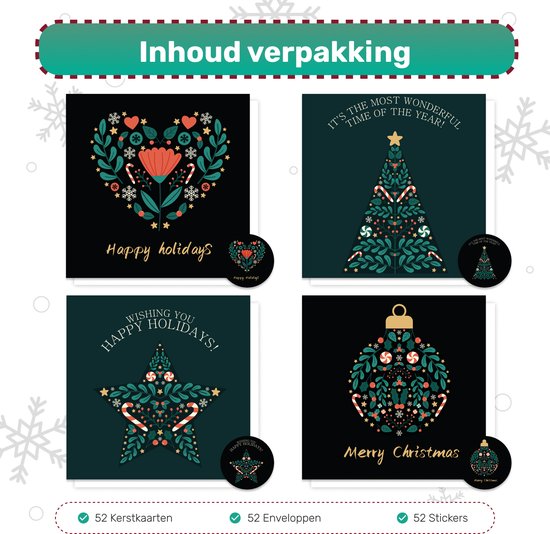 Giftmas Kerstkaarten - Wenskaarten - 52 Stuks - Met Enveloppen en Stickers - 10x10cm
