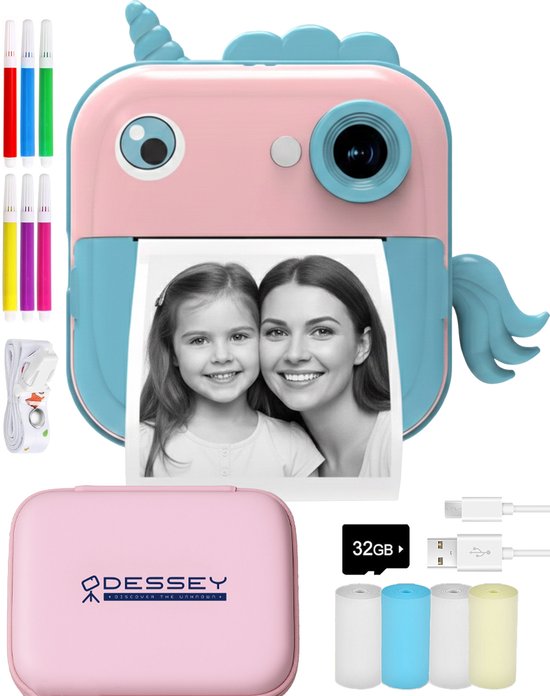 ODESSEY Kindercamera met Printer - Full HD - Selfie Camera - 32GB SD Kaart - Foto - Video - Spelletjes - Digitale Camera Kinderen - Fototoestel voor kinderen - Eenhoorn