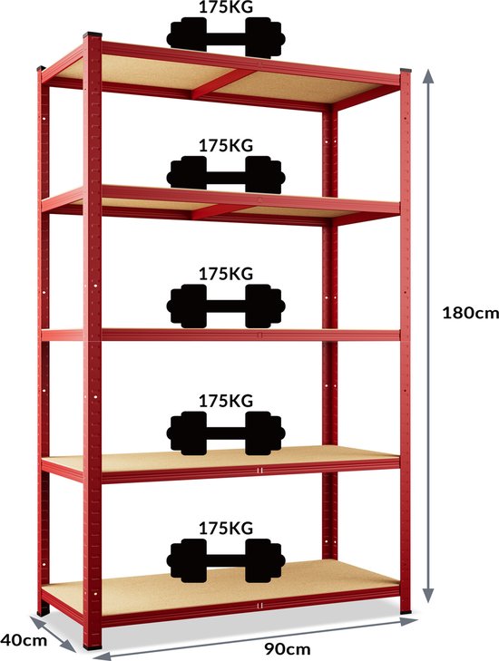 Monzana Stellingkast Metaal - incl. 5 MDF planken - tot 875kg \\u2013 Rood