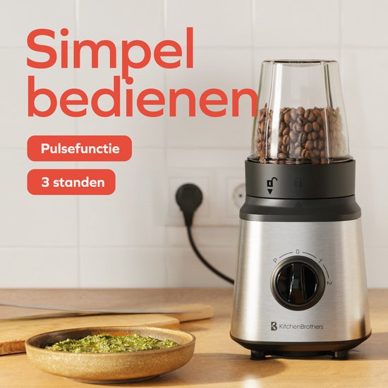 KitchenBrothers Blender - Complete Set - 2x 750ml Bowl - Grinder - Tamper - To-Go Cups - Stainless Steel