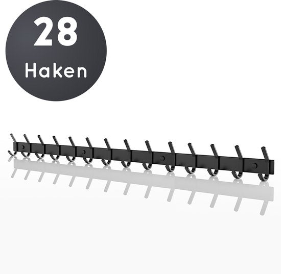 Volcan Wandkapstok - 28 Haken - Muur Kapstok Hangend met 3M Tape - Industrieel - Zwart RVS