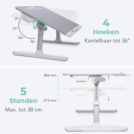 LifeGoods Laptoptafel - Laptopstandaard - Inklapbaar en Verstelbaar - Schoottafel met Tablethouder en Boekenstandaard - Bank, Bed, Schoot, Tafel - Wit / Grijs
